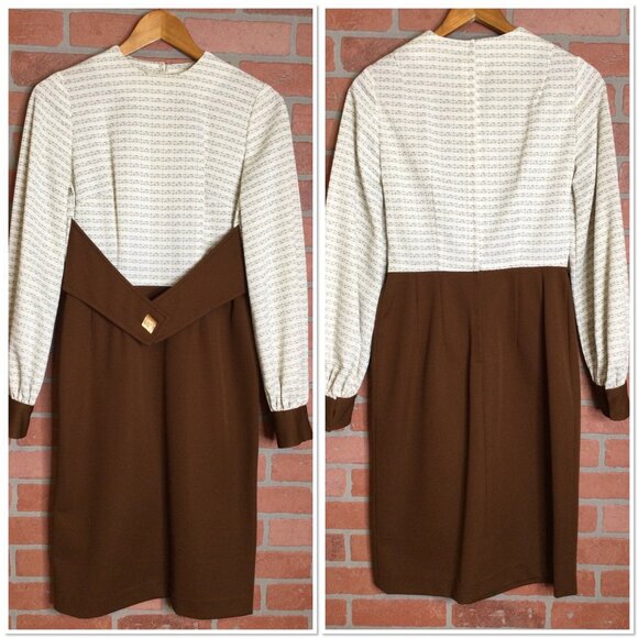 Vintage 60s 70s Brown & Cream Long Sleeve Dress Button Accent - Picture 1 of 9